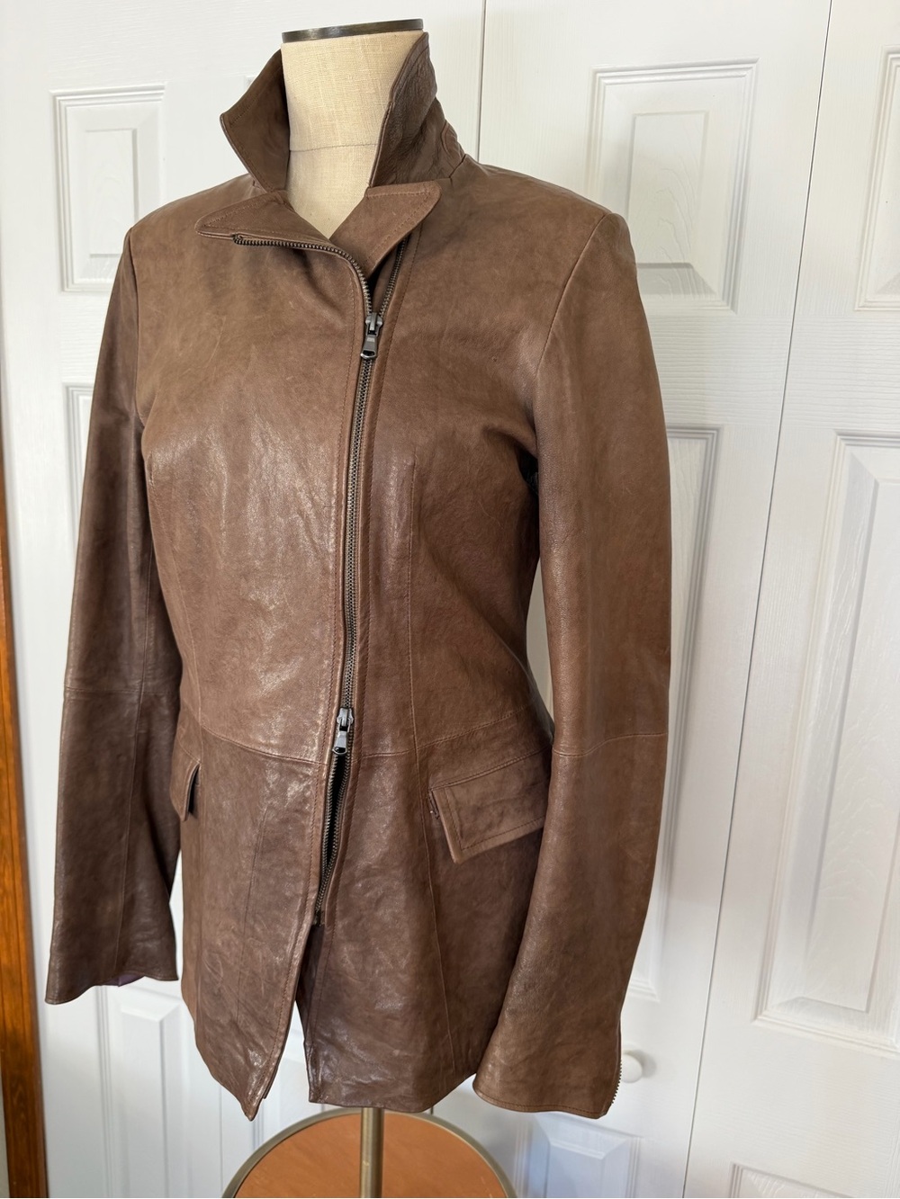 💕Vinci Italian Women's Brown Leather Jacket Stand Collar Double Zip